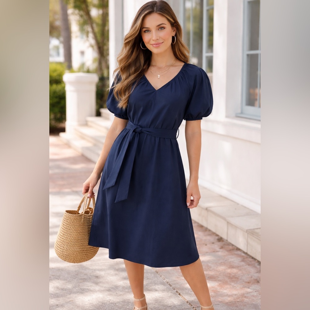 Alex Marie Drs Everly Navy X Burr Belted Cotton Poplin Midi Dress M Pockets